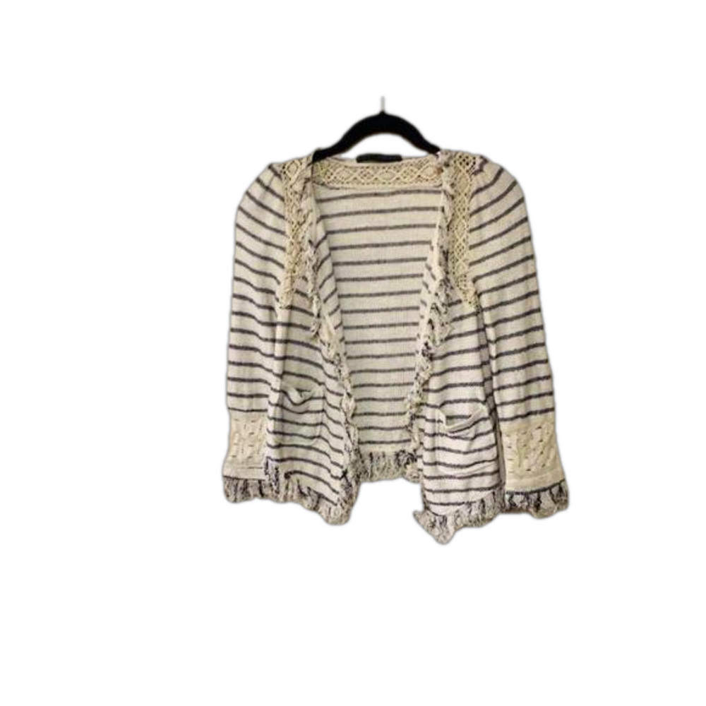 Zara Basic Striped Cardigan Frayed Fringe XS
